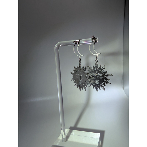 Celestial Sun and Moon Earrings, Stainless Steel Dangle Stud Earrings - Picture 10 of 15